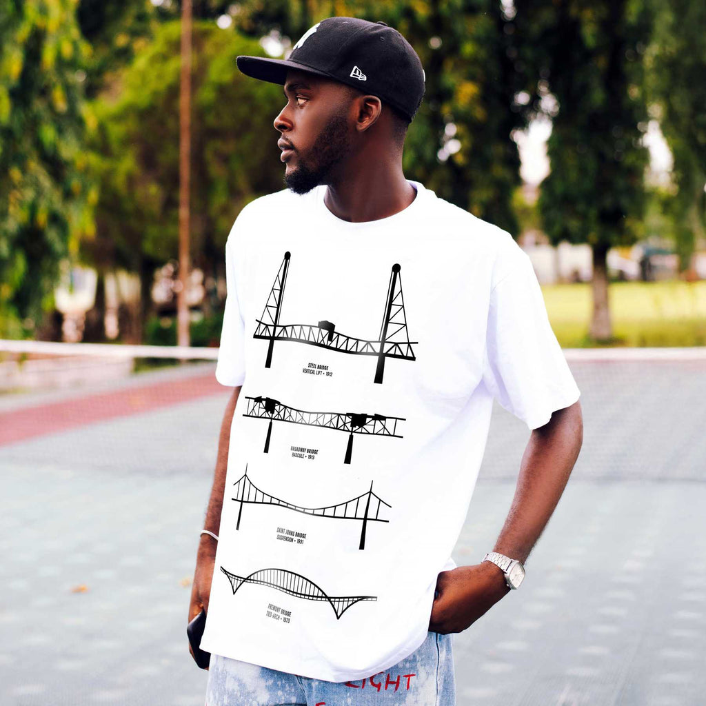 Rose City Roots Portland graphic tee — black on white worn by model wearing black hat