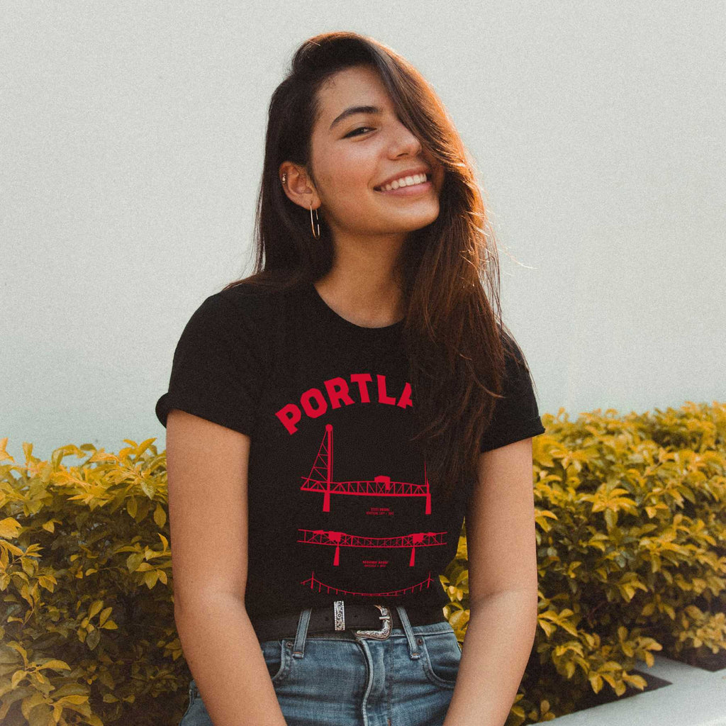 Rip City Game Time Portland bridge shirt — red on black worn by model