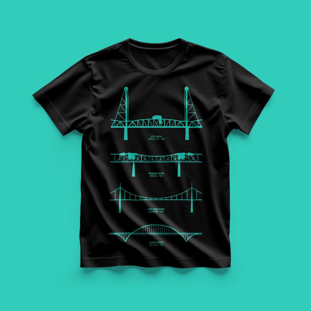 Terminal Teal PDX Portland bridge tee — teal on black flat lay