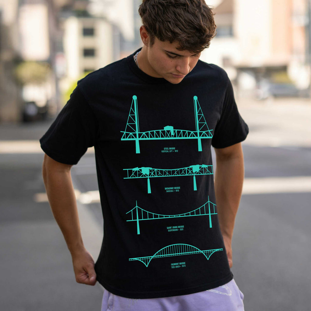 Rose City Roots Portland bridge shirt —teal on black model close up