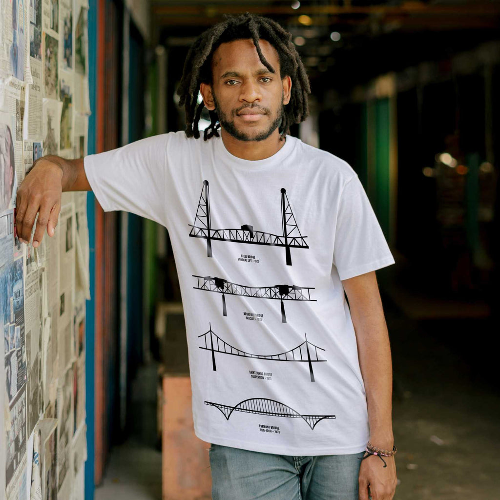 Rose City Roots Portland graphic tee — black on white worn by model